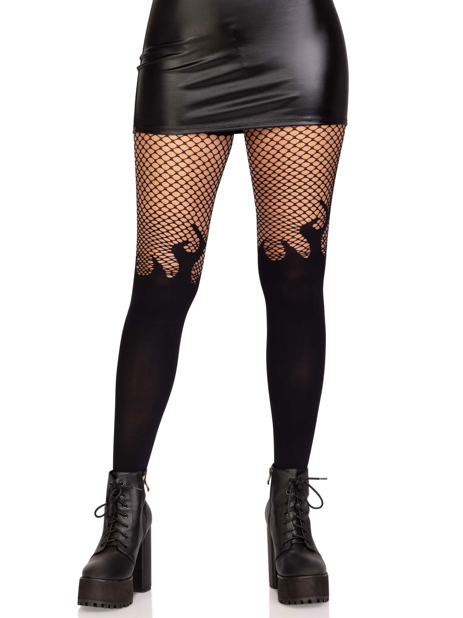 Opaque Flame Fishnet Top Tights One Size Black Hosiery > Clothes > Hosiery