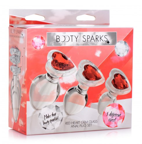 Red Heart Gem Glass Anal Plug Set with Three Sizes > Glass > Toys