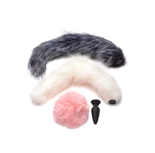 Snap-On Silicone Anal Plug with Three Interchangeable Animal Tails Multi Tails