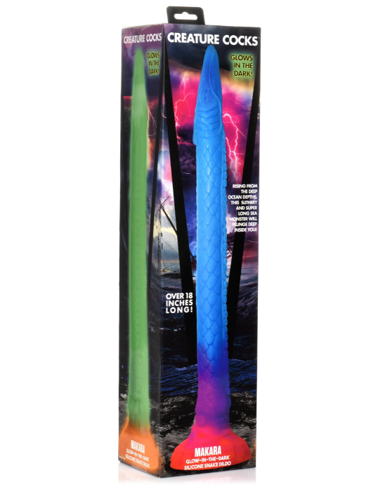 Creature Cocks Makara Glow-in-the-Dark Silicone Snake Dildo 18 Inch Blue Purple with Orange Base Multi Fantasy Dongs