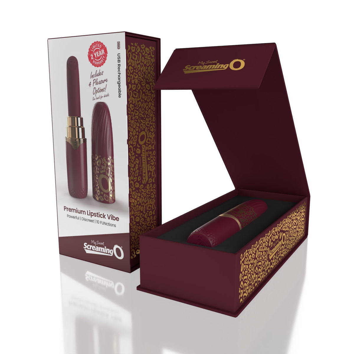 Screaming O My Secret Lipstick Premium Rechargeable Vibe with 10 Functions and 4 Interchangeable Silicone Tips Burgundy Red BULLETS
