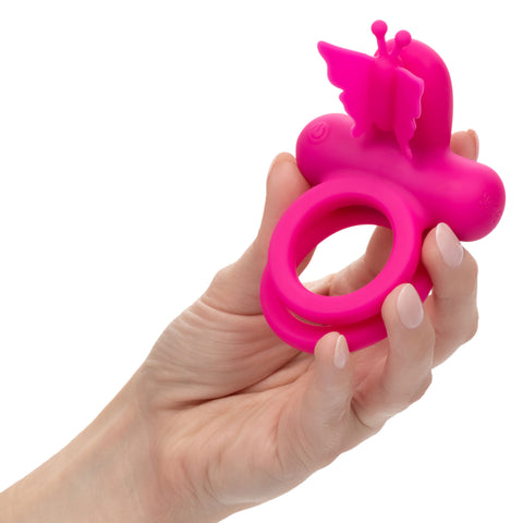 CalExotics Silicone Rechargeable Pink Butterfly Dual Ring with 12 Vibration Functions and Waterproof Design Cock Rings Vibrating
