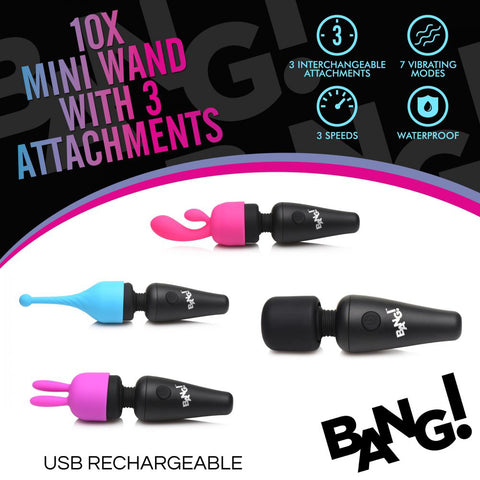 Bang! 10X Mini Wand with 3 Attachments in Black, Purple, and Pink - Rechargeable Powerful Vibrator with Premium Silicone > Sex Toys For Ladies > Wand Massagers and Attachments
