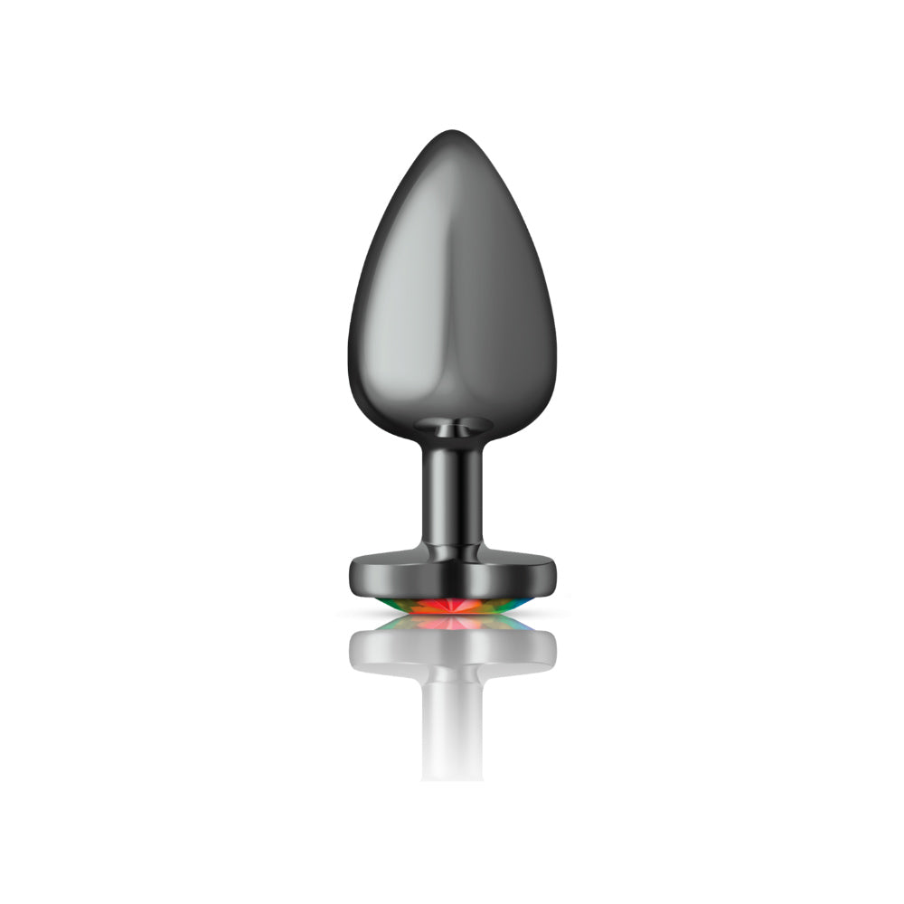 Cheeky Charms Gunmetal Butt Plug with Heart Rainbow Jewel Large > Anal Range > Jewel Butt Plugs
