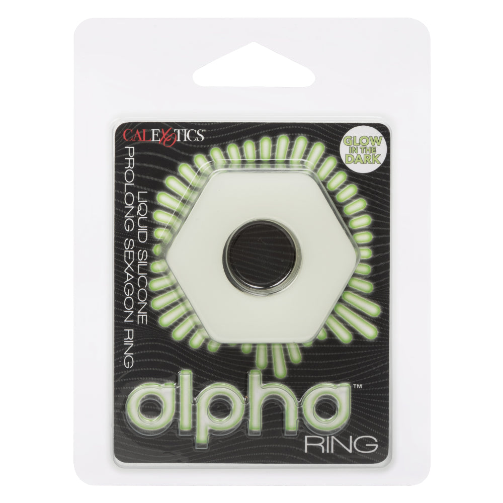 Alpha Glow-In-The-Dark Liquid Silicone Prolong Sexagon Ring White Medium COCK RINGS