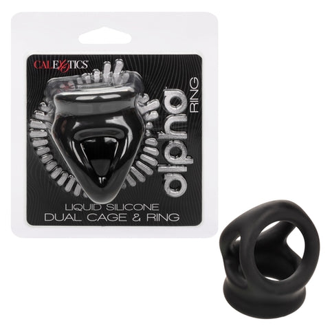 Alpha Liquid Silicone Dual Cage and Ring Black Stretchy Enhancer Cock Ring