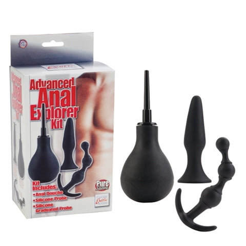 Anal Explorer Kit Body Safe Silicone Black 3 to 4.55 Inch Probes with Douche and Suction Cup Base Douches
