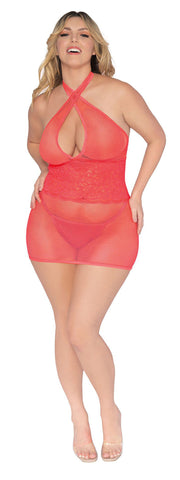 Queen Size Coral Fishnet and Lace Chemise with G-String > Clothes > Dresses and Chemises