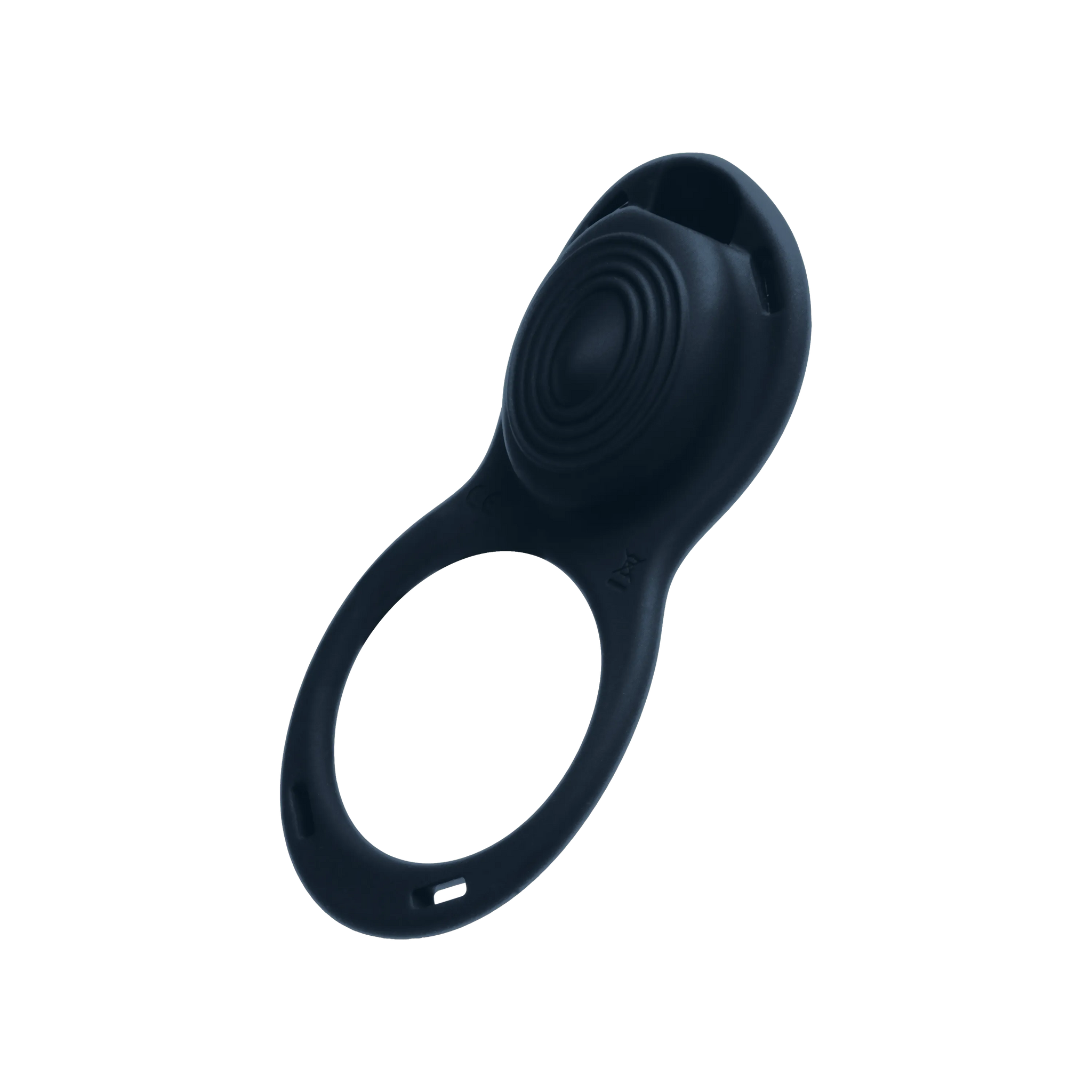 A dark navy blue silicone personal massager with a textured circular head and a large ring-shaped base, shown on a plain white background.