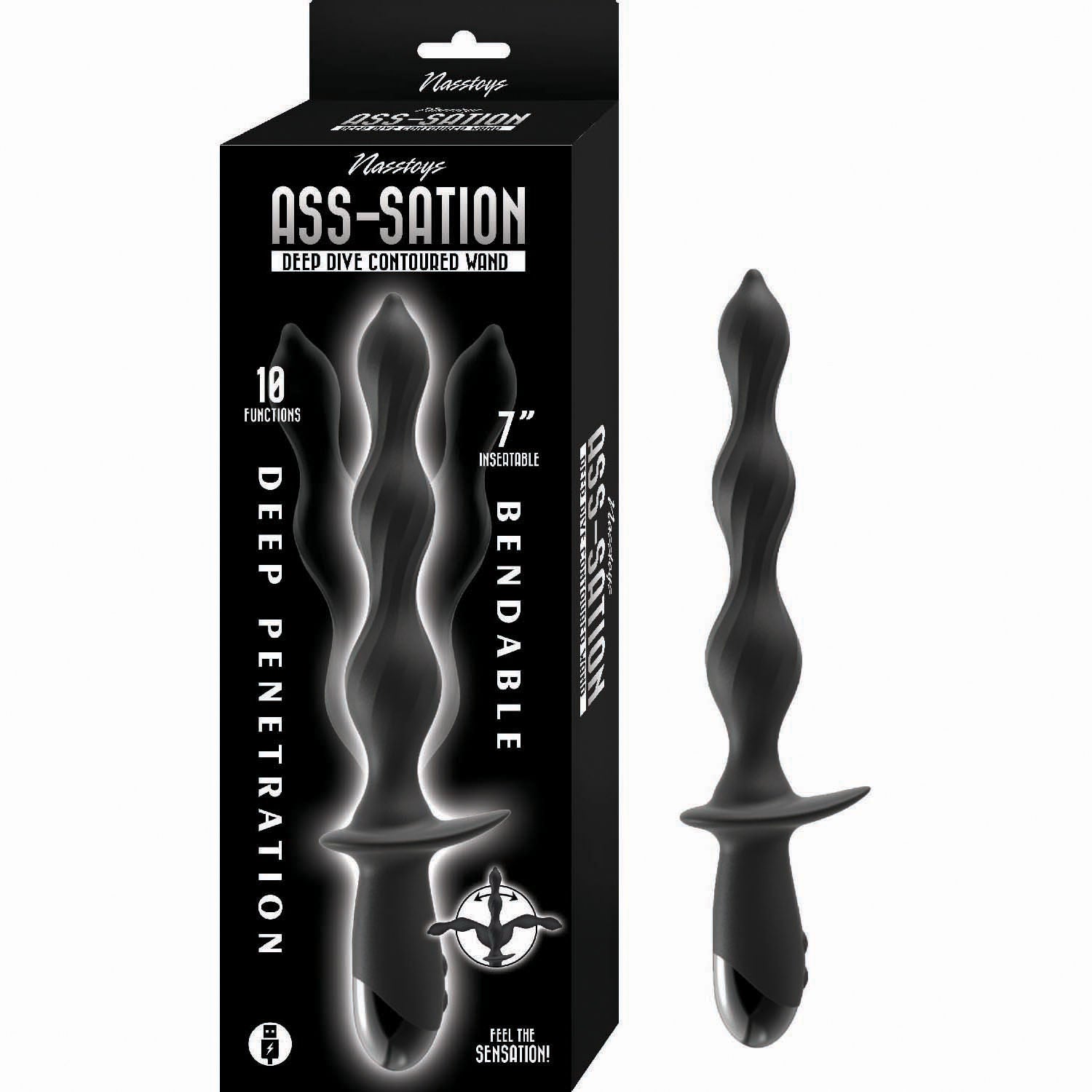 Ass-Sation Deep Dive Contoured 7" Insertable Wand Anal Vibrator Black > Anal Range > Anal Probes