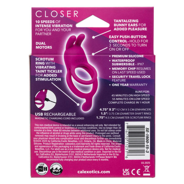 Closer Intimate Rechargeable Vibrating Ring with Bunny Ears Pink Pink Cock Rings Vibrating