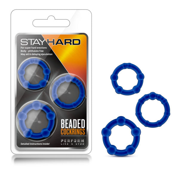 Stay Hard Beaded Cockrings Set of 3 Sizes Blue Cockrings