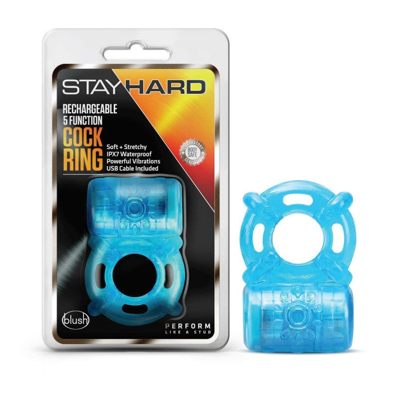 Stay Hard Rechargeable 5 Function Cock Ring - USB Vibrating Ring Blue Cock Rings Vibrating