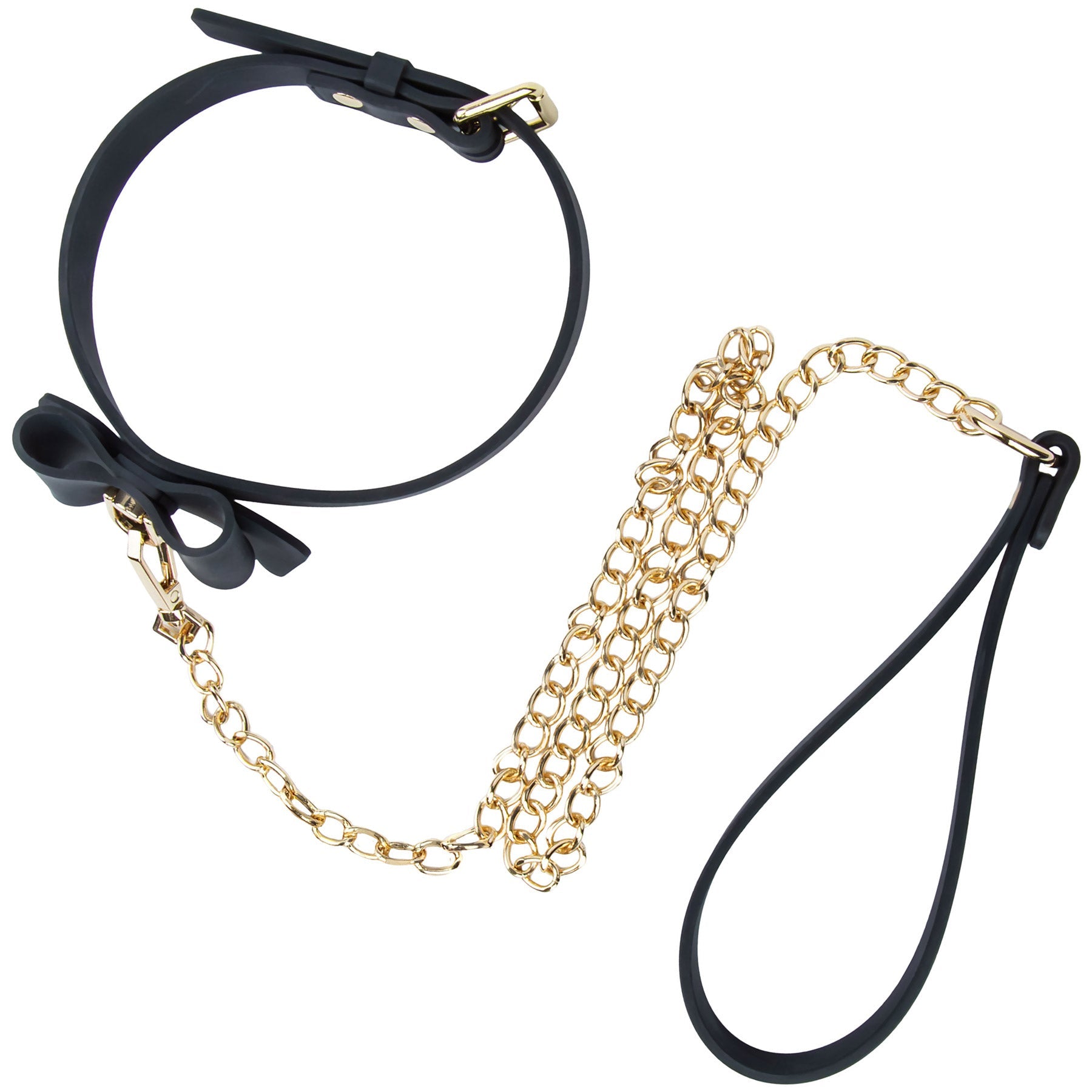 Temptasia Ardor – Adjustable Silicone Collar and Leash Set - Black and Gold with Bowtie Detail > Bondage Gear > Collars & Leashes