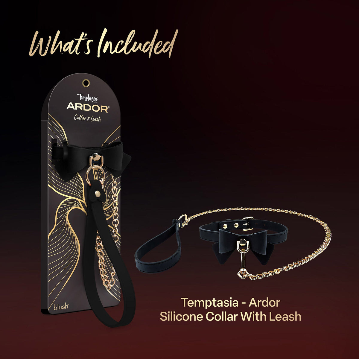 Temptasia Ardor – Adjustable Silicone Collar and Leash Set - Black and Gold with Bowtie Detail > Bondage Gear > Collars & Leashes