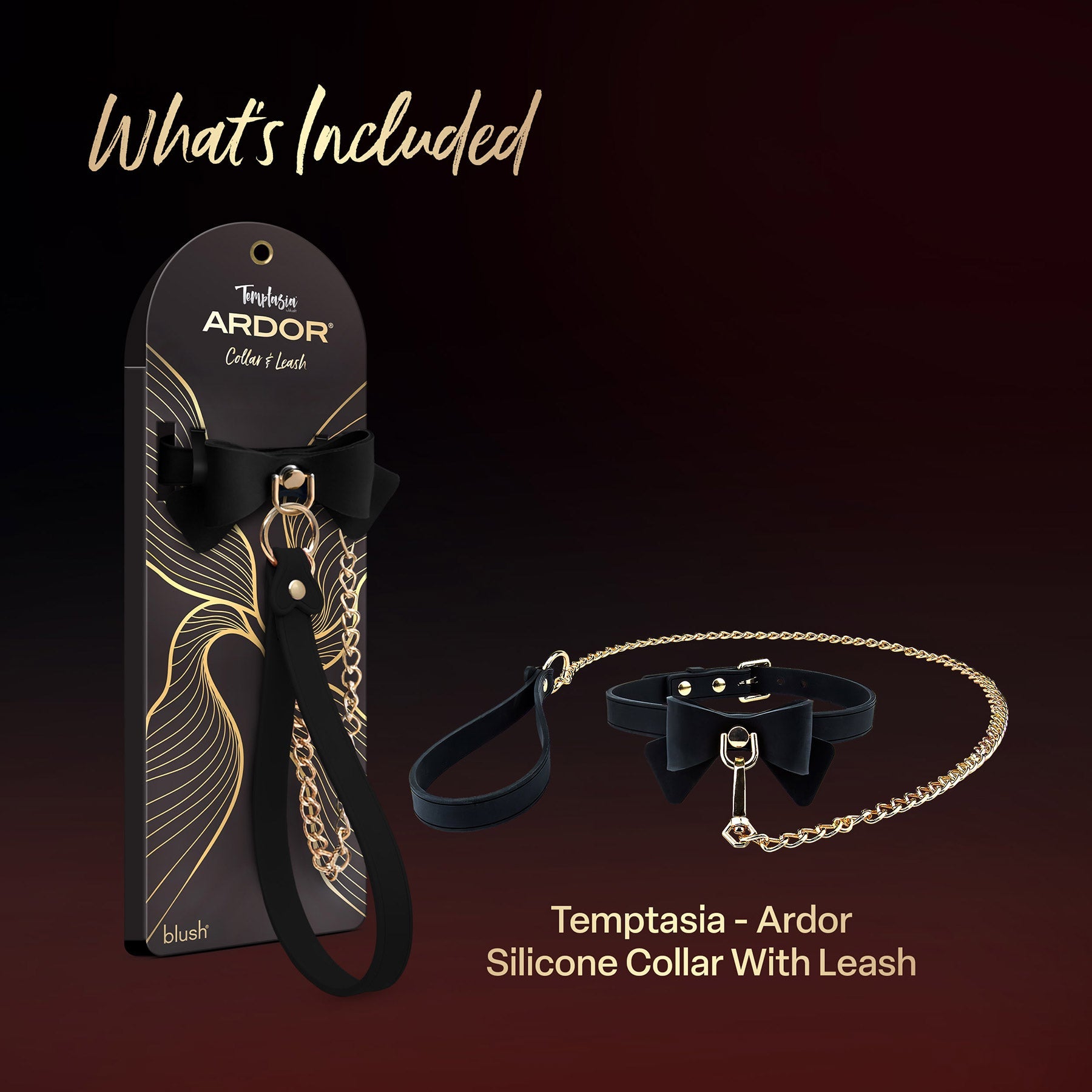 Temptasia Ardor – Adjustable Silicone Collar and Leash Set - Black and Gold with Bowtie Detail > Bondage Gear > Collars & Leashes
