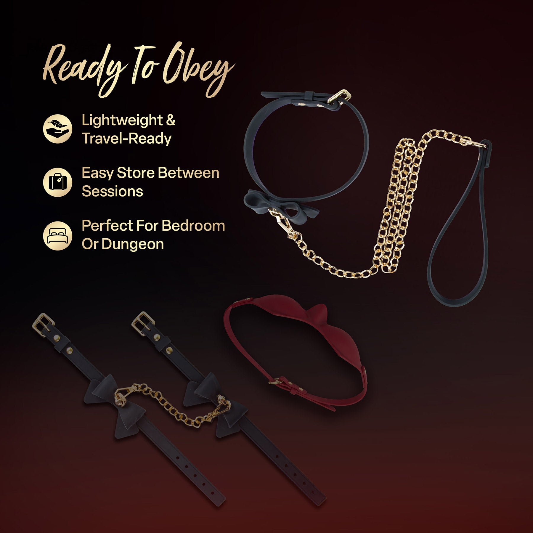 Temptasia Ardor – Adjustable Silicone Collar and Leash Set - Black and Gold with Bowtie Detail > Bondage Gear > Collars & Leashes