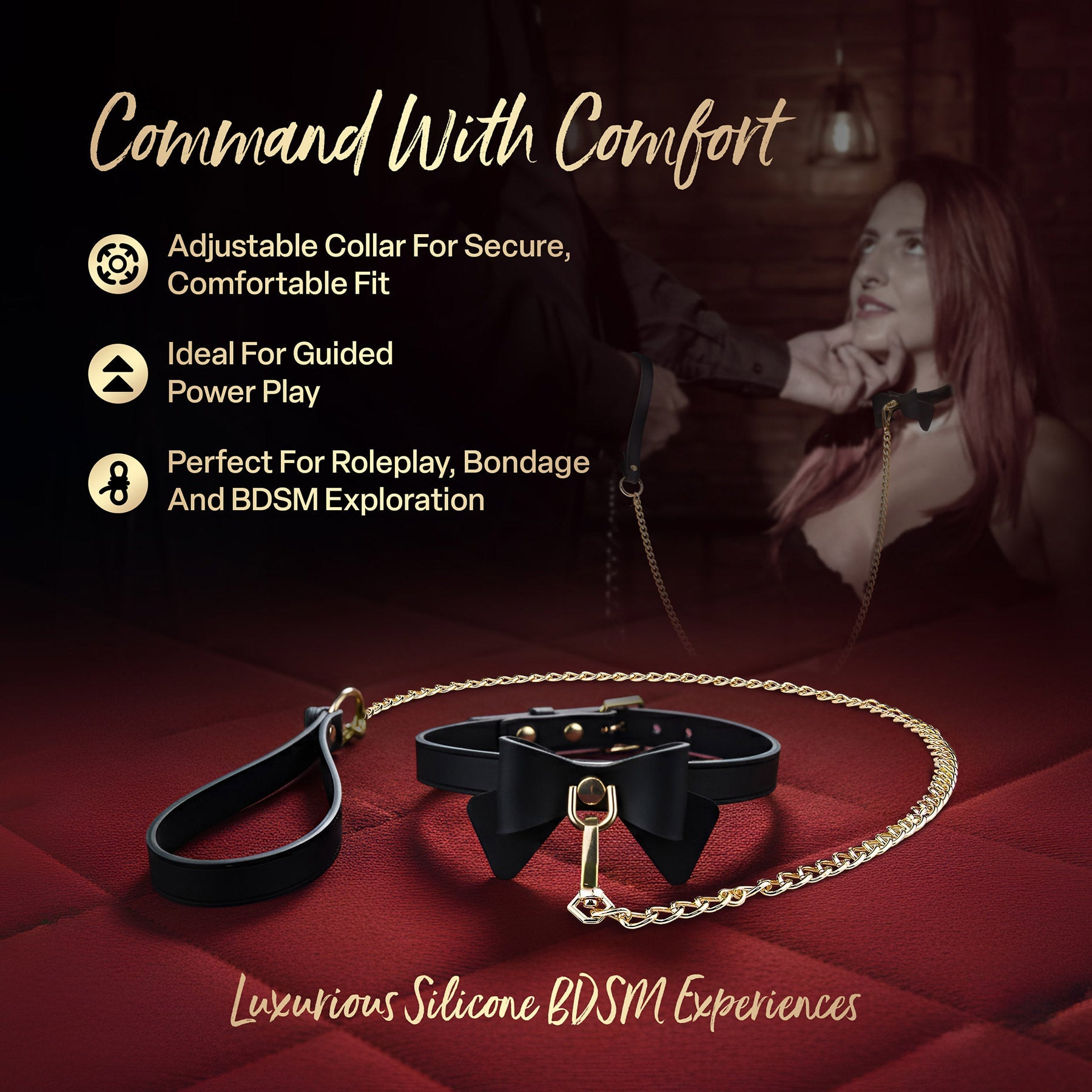 Temptasia Ardor – Adjustable Silicone Collar and Leash Set - Black and Gold with Bowtie Detail > Bondage Gear > Collars & Leashes