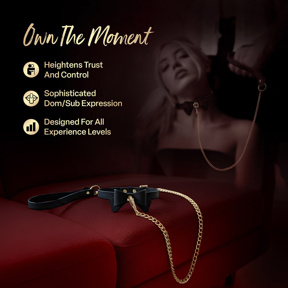 Temptasia Ardor – Adjustable Silicone Collar and Leash Set - Black and Gold with Bowtie Detail > Bondage Gear > Collars & Leashes