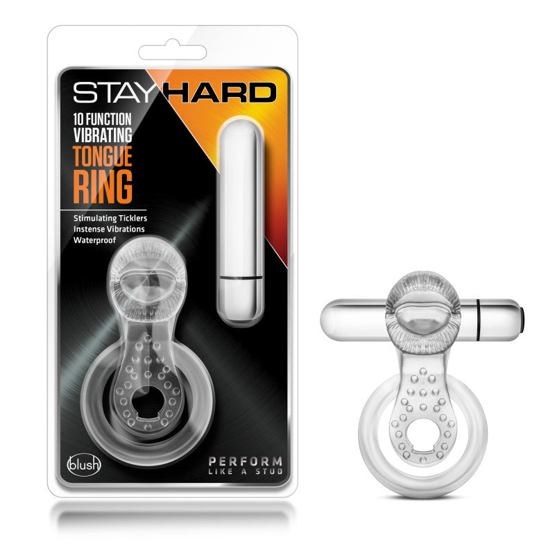 Stay Hard 10 Function Vibrating Tongue Ring Clear 2.5 Inch Clear COCK RINGS Sling