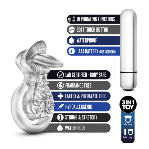 Stay Hard 10 Function Vibrating Tongue Ring Clear 2.5 Inch COCK RINGS Sling