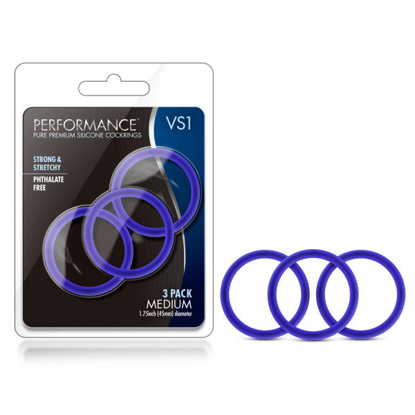 Performance VS1 Indigo Medium Silicone Cockrings Set of 3 COCK RING Set