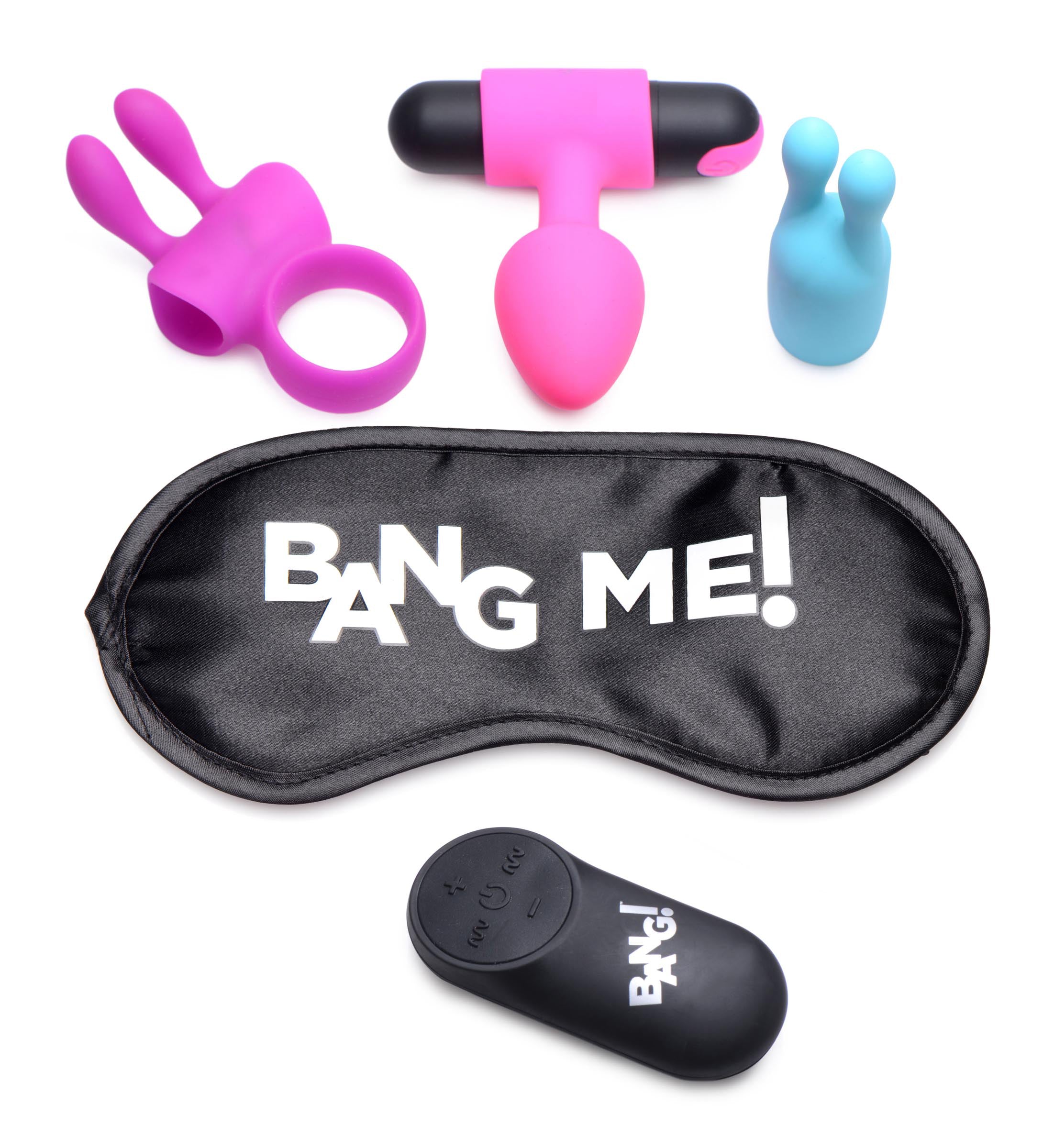 Bang Birthday Sex Kit with Pink Anal Plug, Purple Cock Ring, Blue Clit Stimulator, Reversible Satin Blindfold, and Wireless Remote Controller > Sex Toys > Sex Kits