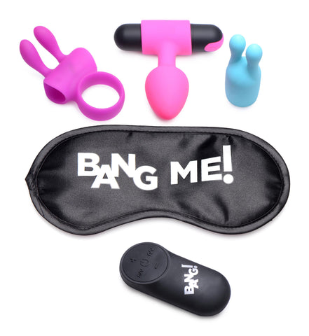 Bang Birthday Sex Kit with Pink Anal Plug, Purple Cock Ring, Blue Clit Stimulator, Reversible Satin Blindfold, and Wireless Remote Controller > Sex Toys > Sex Kits