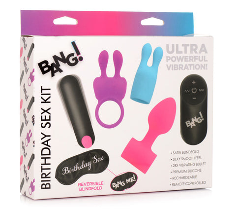 Bang Birthday Sex Kit with Pink Anal Plug, Purple Cock Ring, Blue Clit Stimulator, Reversible Satin Blindfold, and Wireless Remote Controller > Sex Toys > Sex Kits