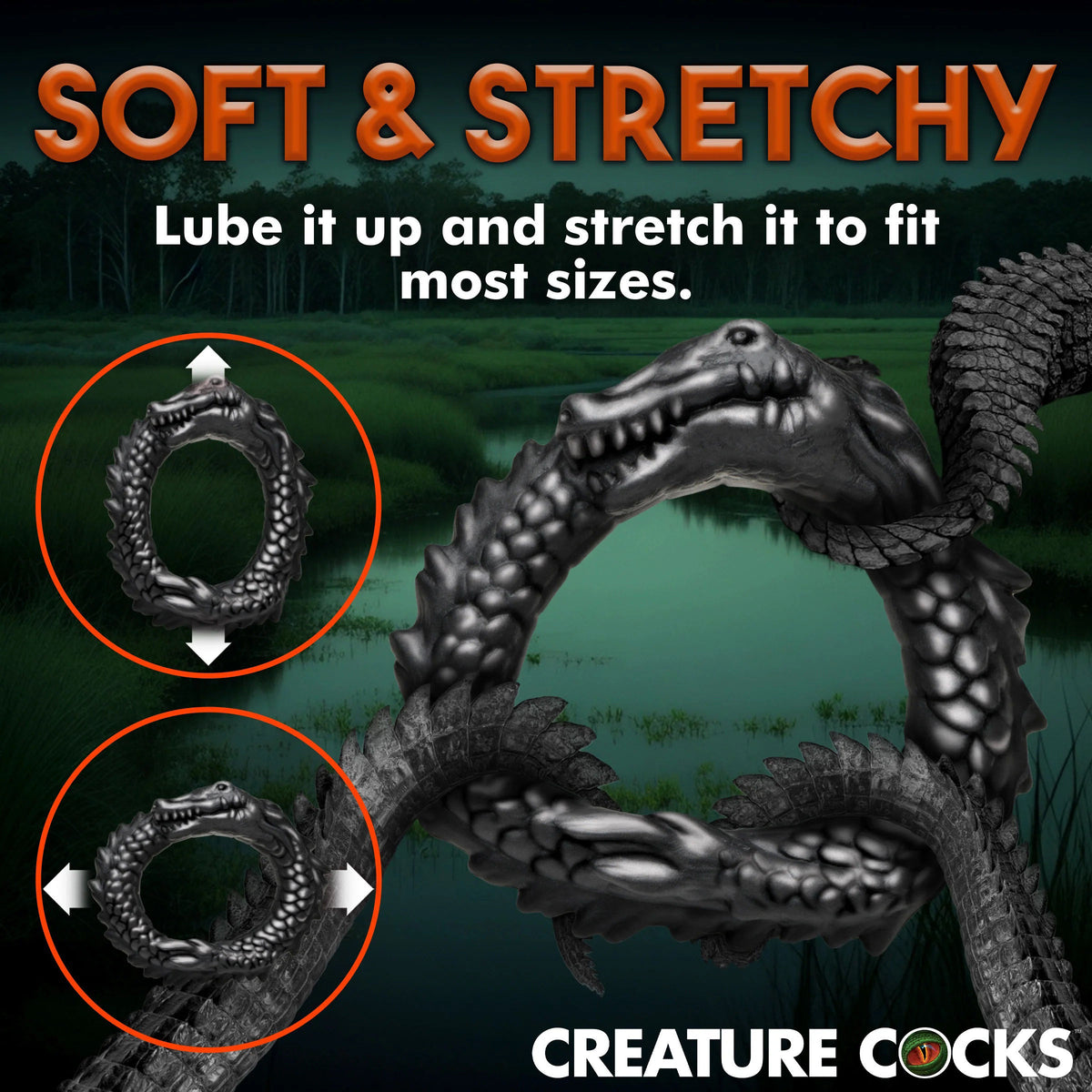 Black Caiman Silicone Cock Ring With Ridges And Stretch Fit > Cock Ring > Single