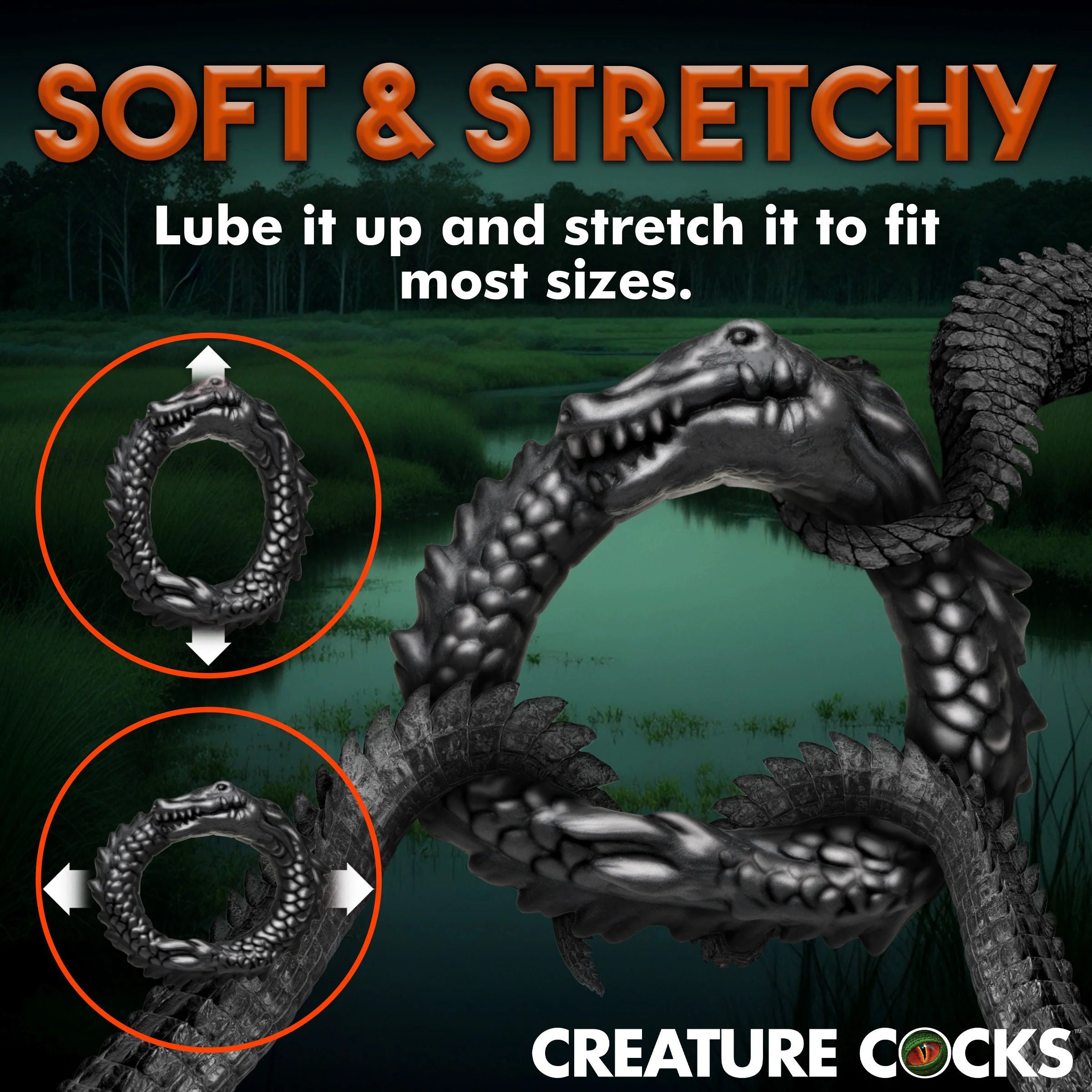 Black Caiman Silicone Cock Ring With Ridges And Stretch Fit > Cock Ring > Single