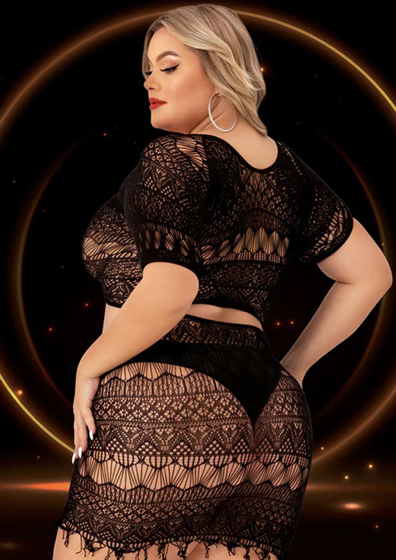 Black Crop Top and Skirt Lingerie Set Queen Size Two Piece > Clothes > Plus Size Lingerie
