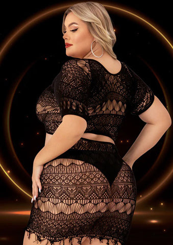 Black Crop Top and Skirt Lingerie Set Queen Size Two Piece > Clothes > Plus Size Lingerie