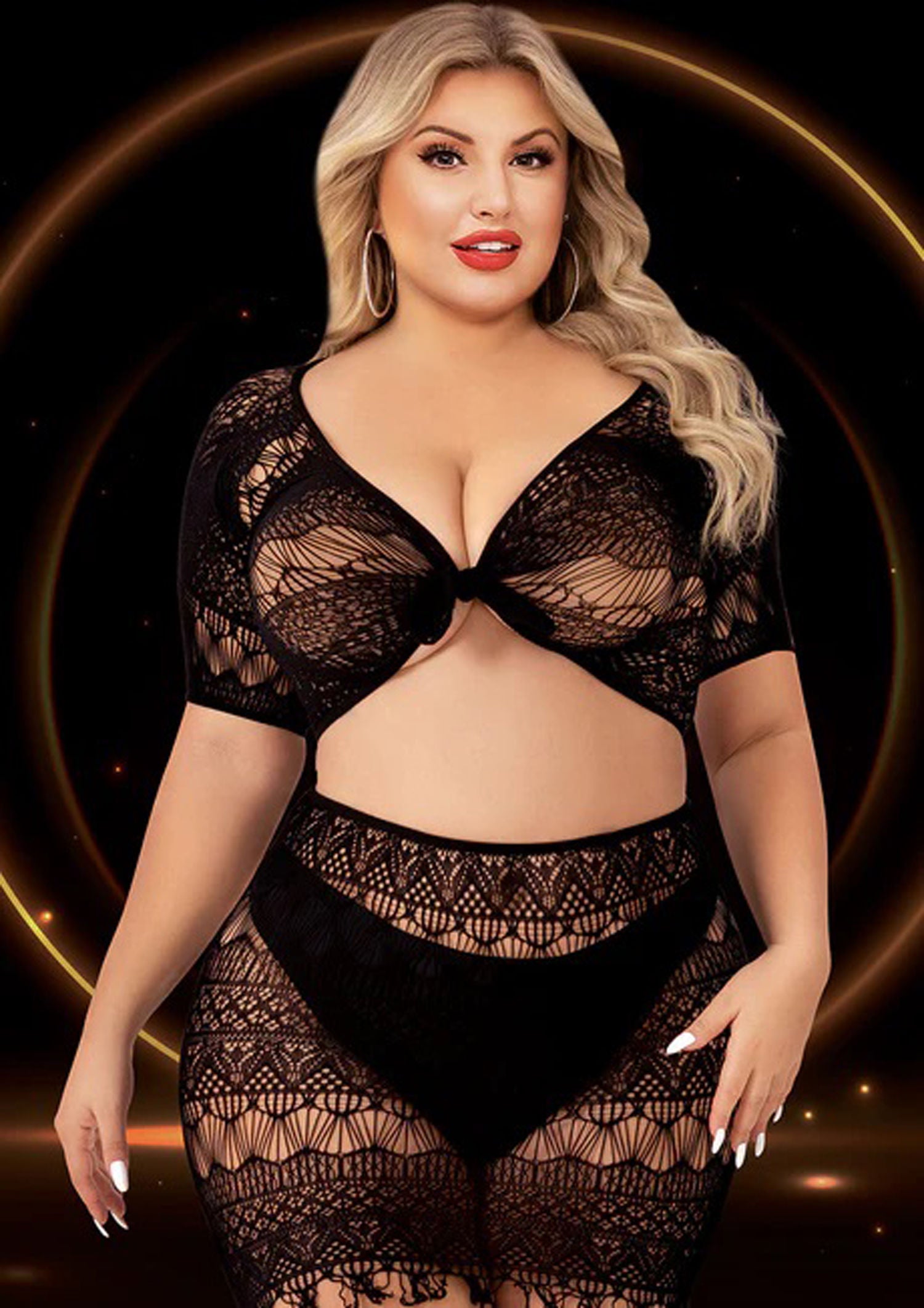 Black Crop Top and Skirt Lingerie Set Queen Size Two Piece > Clothes > Plus Size Lingerie