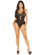 Black Floral Lace Halter Bodysuit with Mini Bow and Flutter > Clothes > Bodies and Playsuits