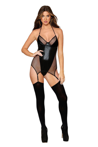 Black Garter Slip Teddy One Size Stretch Fishnet Lingerie Teddies
