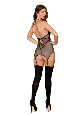 Black Garter Slip Teddy One Size Stretch Fishnet Lingerie Teddies