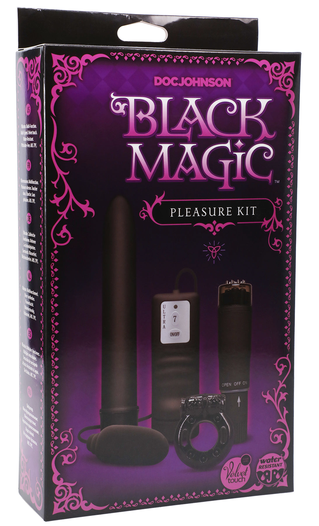 Black Magic Pleasure Kit With 7-Inch Velvet-Touch Vibe, Pocket Rocket, Bullet Vibe, and Vibrating C-Ring Cock Rings Vibrating