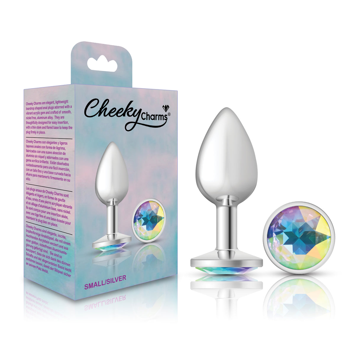 Cheeky Charms Silver Round Butt Plug with Clear Iridescent Jewel Small (6.78cm) > Anal Range > Jewel Butt Plugs