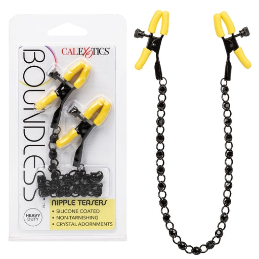 Boundless Nipple Teasers Adjustable Black Chain with Yellow Silicone Coated Clamps and Crystal Adornments Nipple Stimulators