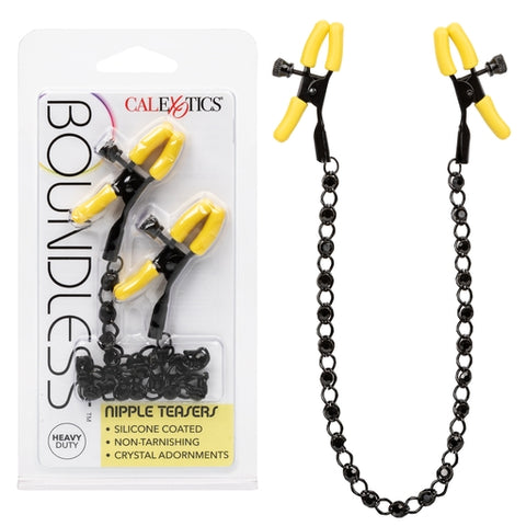 Boundless Nipple Teasers Adjustable Black Chain with Yellow Silicone Coated Clamps and Crystal Adornments Nipple Stimulators