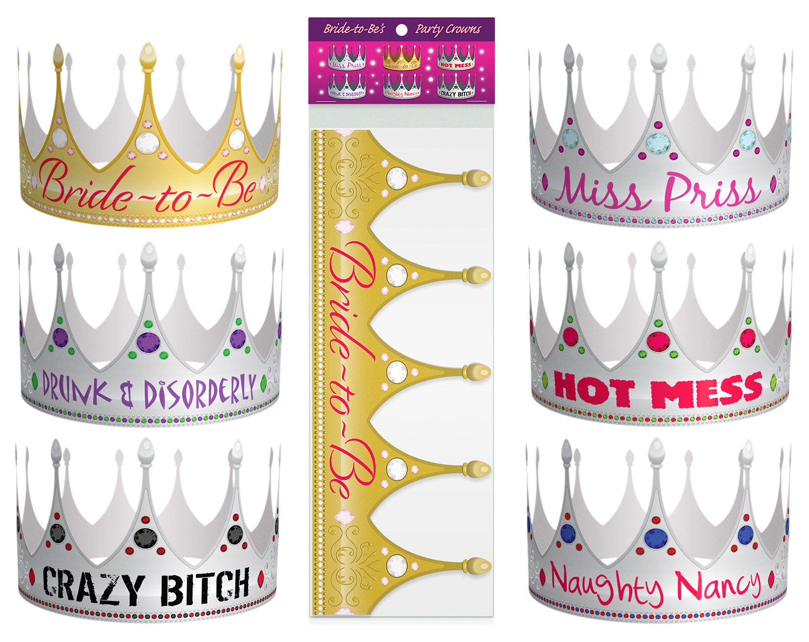 Bride-To-Be Party Crowns Adjustable Headwear Set of Six Bachelorette Accessories > Novelties > Bachelor & Bachelorette Items