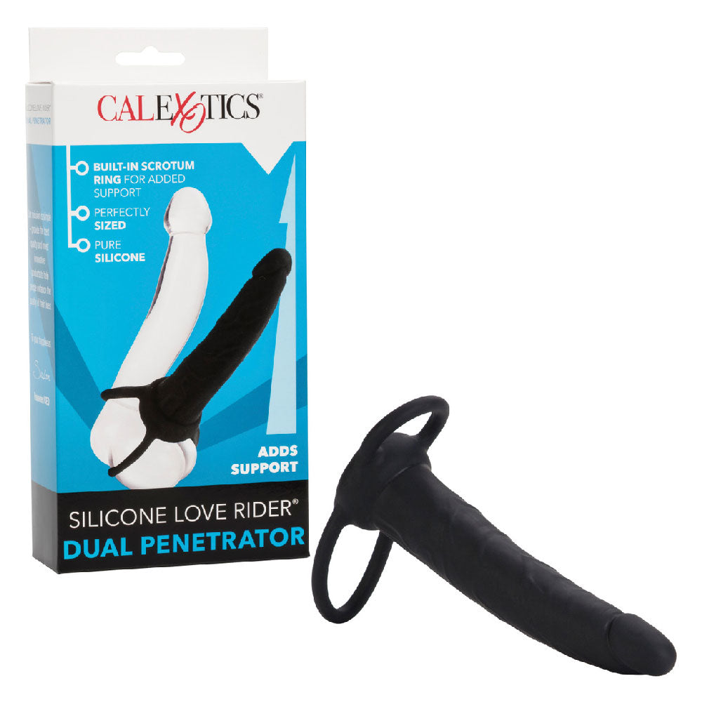 Silicone Love Rider Dual Penetrator Black Silicone Penis Shaped Stimulator with Built-In Scrotum Ring COCK RINGS