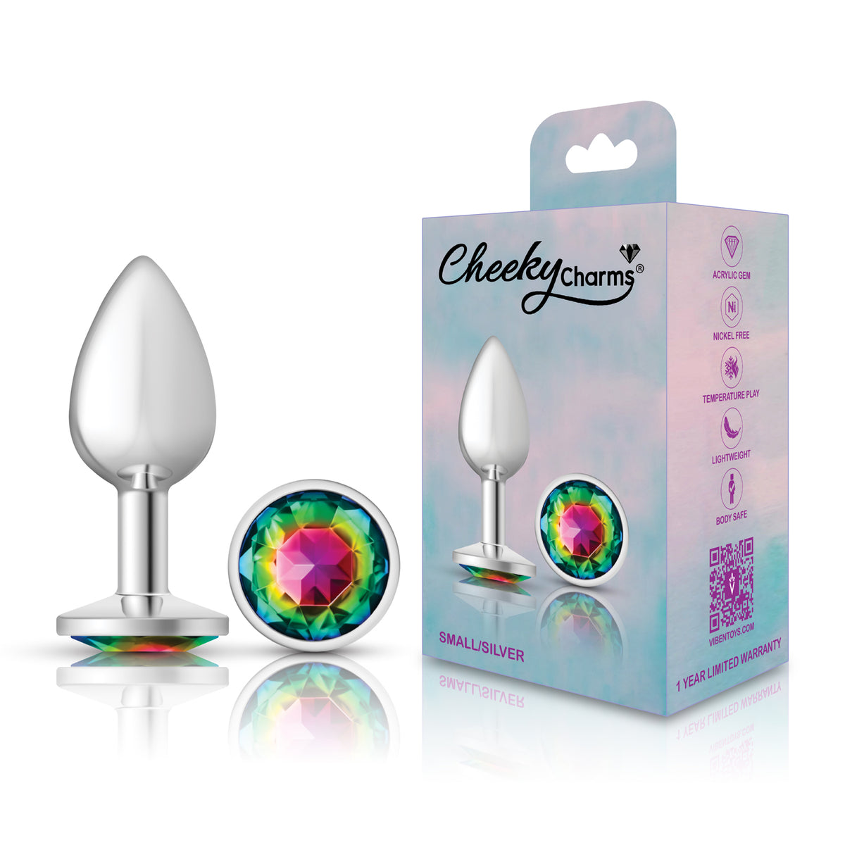 Cheeky Charms Silver Round Butt Plug with Rainbow Jewel Small (6.78cm) > Anal Range > Jewel Butt Plugs