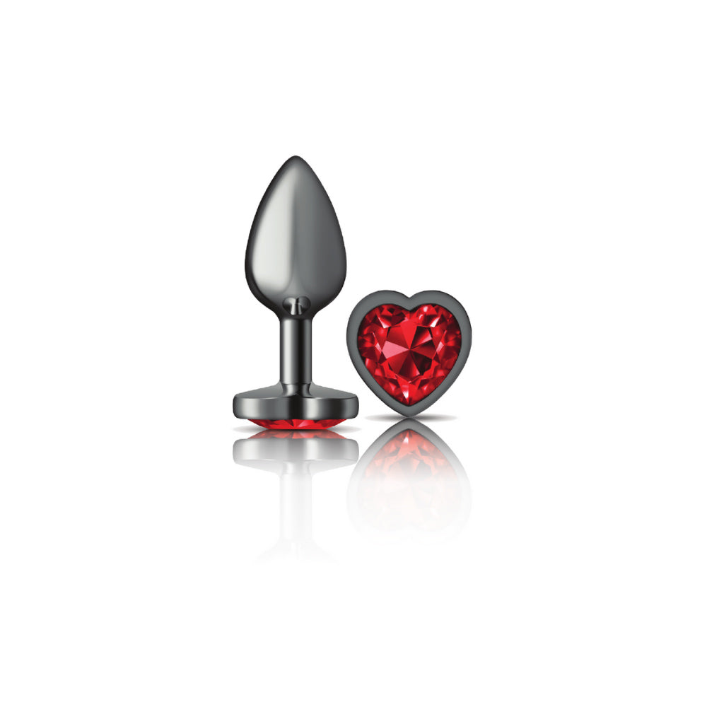 Cheeky Charms Gunmetal Butt Plug with Heart Red Jewel Small (6.78cm) Red > Anal Range > Jewel Butt Plugs