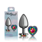 Cheeky Charms Gunmetal Butt Plug with Heart Rainbow Jewel Large > Anal Range > Jewel Butt Plugs