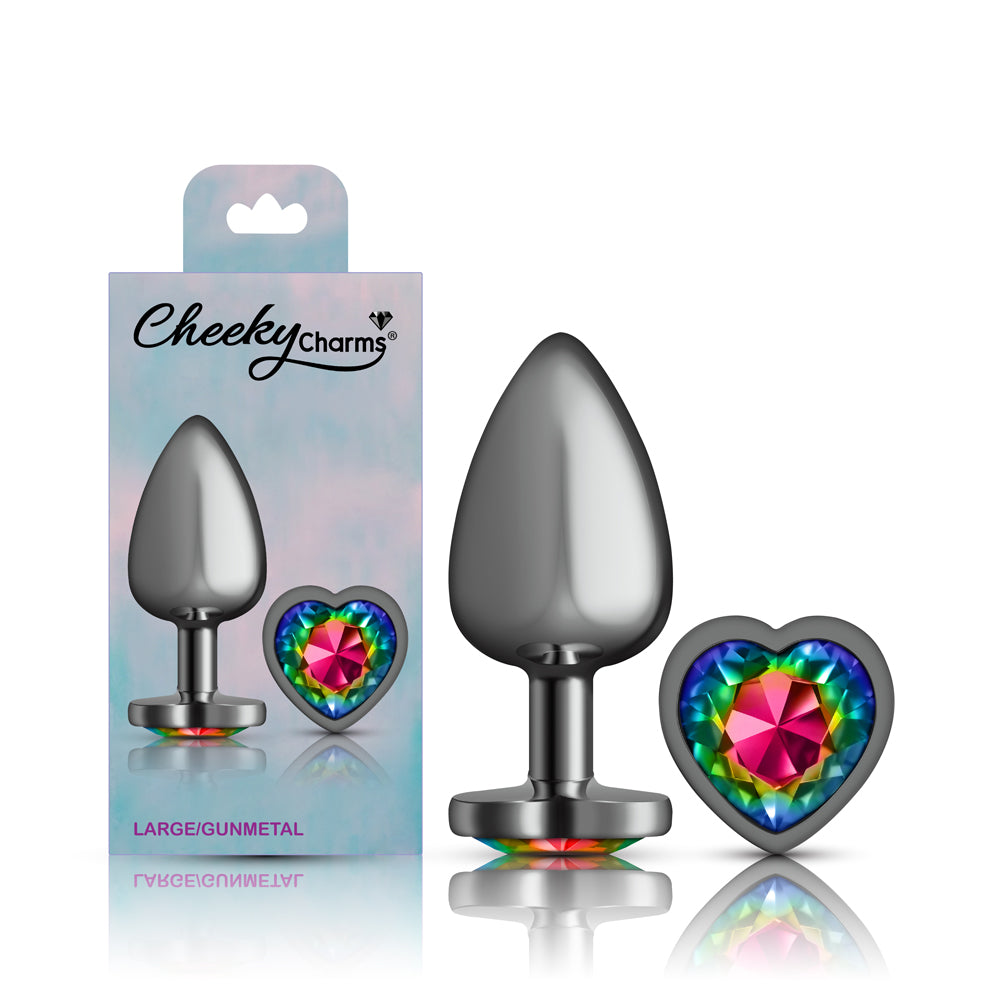 Cheeky Charms Gunmetal Butt Plug with Heart Rainbow Jewel Large (9.12cm) > Anal Range > Jewel Butt Plugs