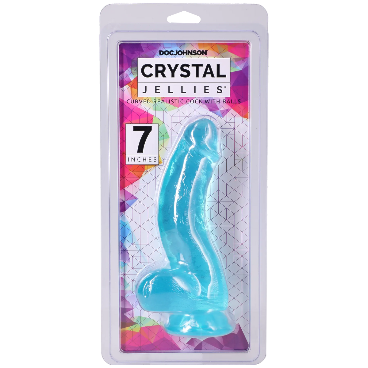 Crystal Jellies Curved Realistic Cock with Balls 7 Inch Teal in packaging
