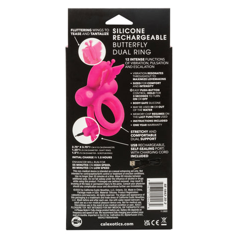 CalExotics Silicone Rechargeable Pink Butterfly Dual Ring with 12 Vibration Functions and Waterproof Design Cock Rings Vibrating