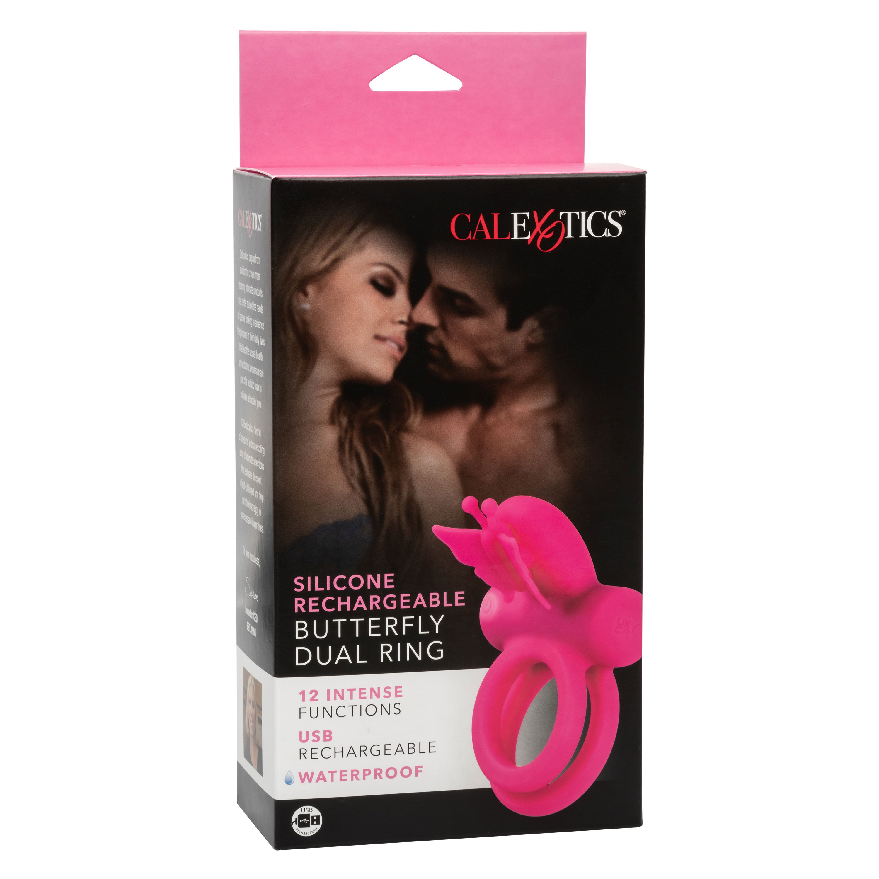 CalExotics Silicone Rechargeable Pink Butterfly Dual Ring with 12 Vibration Functions and Waterproof Design Cock Rings Vibrating